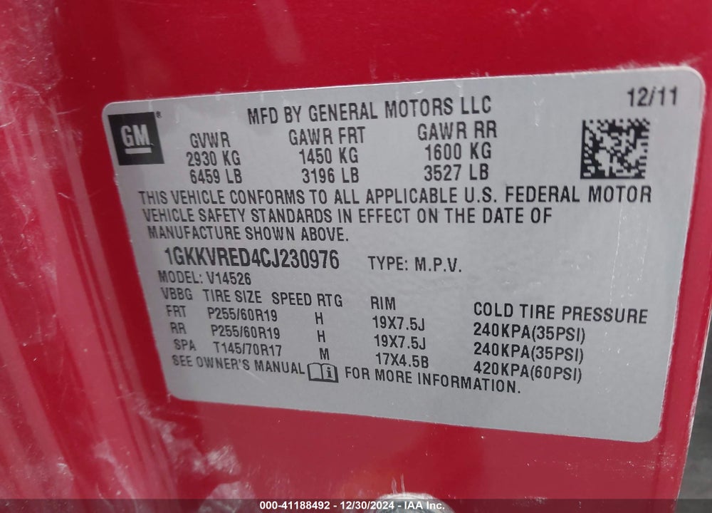 2012 GMC ACADIA SLT1 VIN: 1GKKVRED4CJ230976