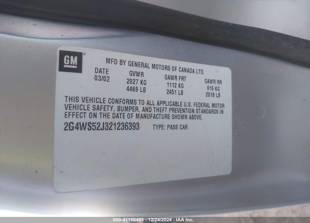 2002 BUICK CENTURY CUSTOM VIN: 2G4WS52J321236393