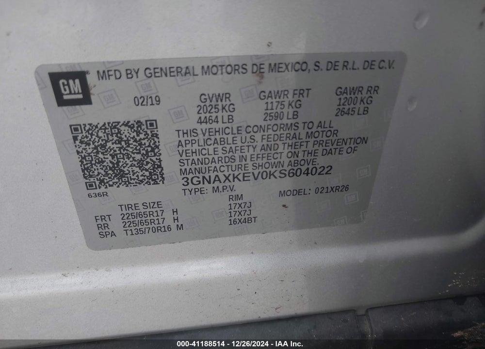 2019 CHEVROLET EQUINOX LT VIN: 3GNAXKEV0KS604022