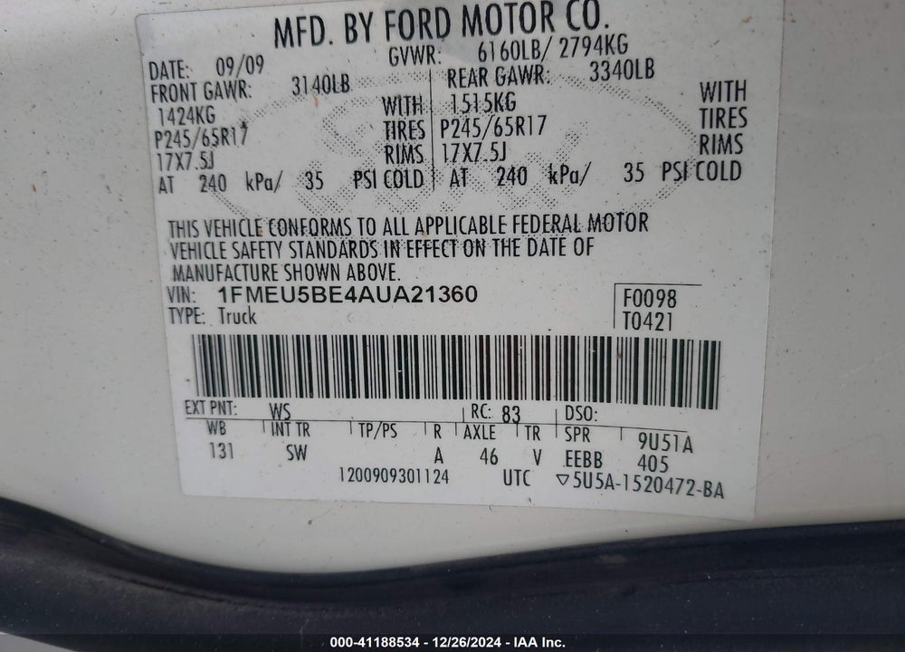 2010 FORD EXPLORER SPORT TRAC VIN: 1FMEU5BE4AUA21360
