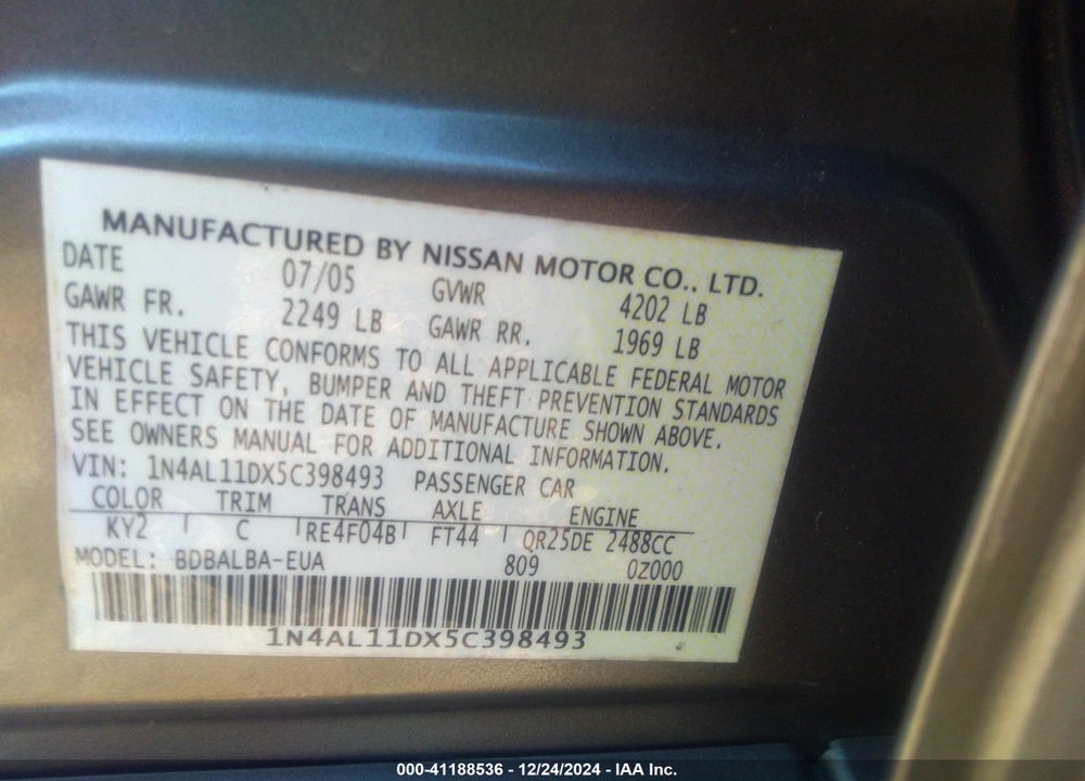 2005 NISSAN ALTIMA 2.5 S VIN: 1N4AL11DX5C398493