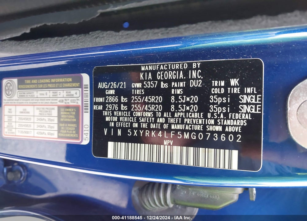 2021 KIA SORENTO SX VIN: 5XYRK4LF5MG073602