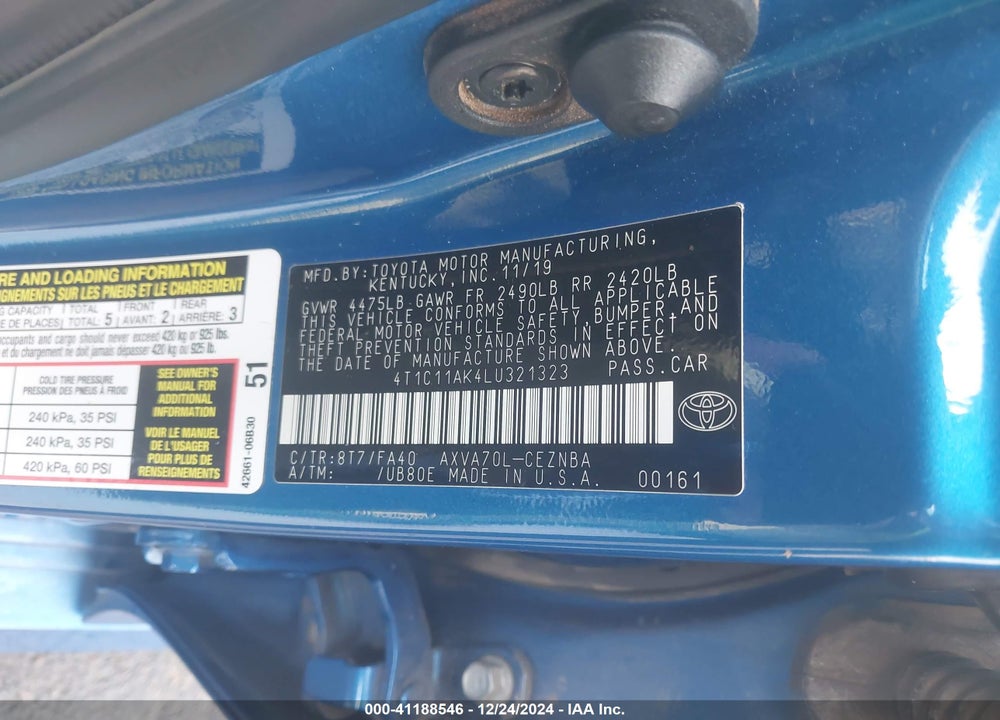 2020 TOYOTA CAMRY LE VIN: 4T1C11AK4LU321323
