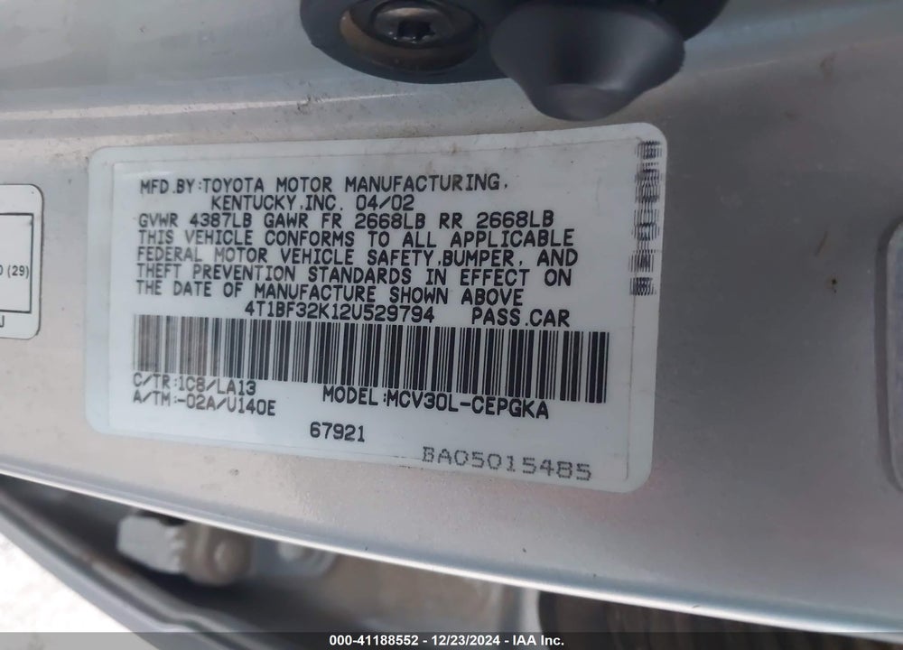 2002 TOYOTA CAMRY XLE V6 VIN: 4T1BF32K12U529794