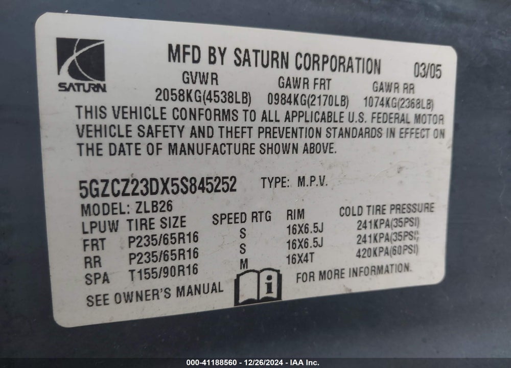 2005 SATURN VUE 4 CYL VIN: 5GZCZ23DX5S845252