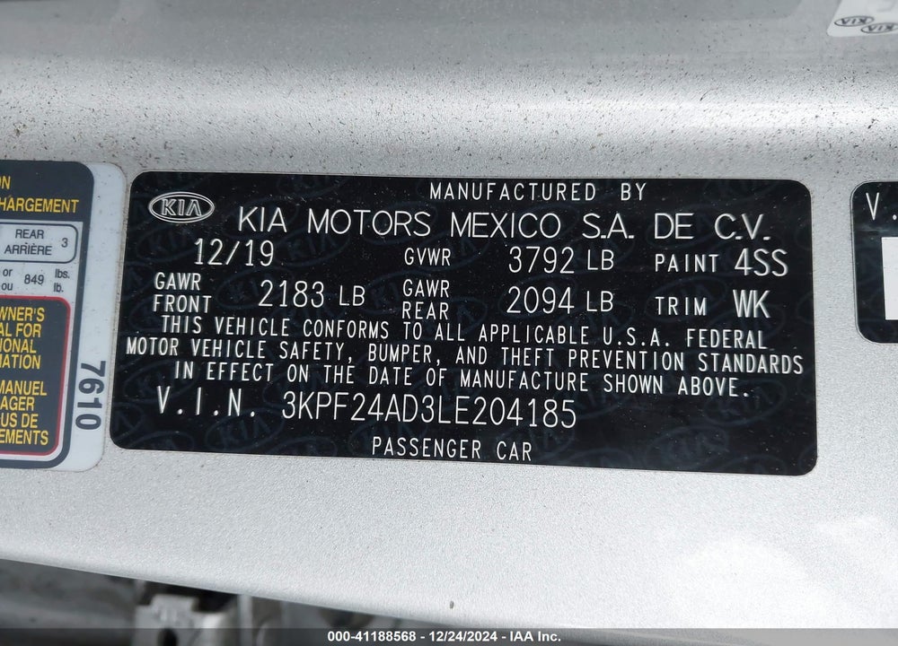 2020 KIA FORTE LXS VIN: 3KPF24AD3LE204185