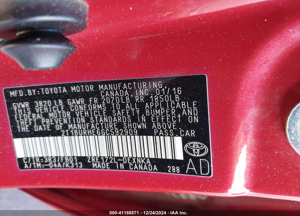 2016 TOYOTA COROLLA VIN: 2T1BURHE6GC592909