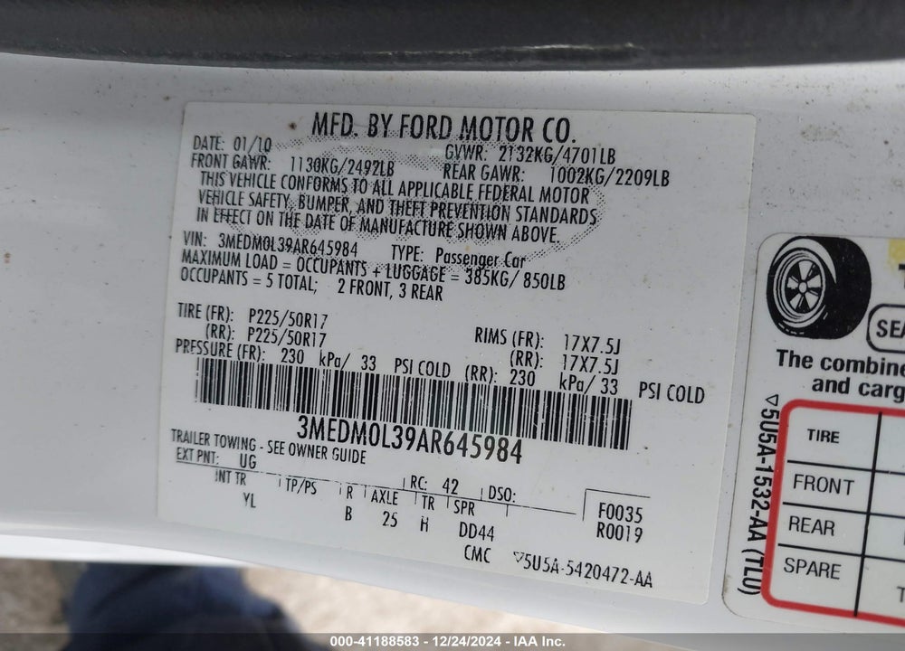 2010 MERCURY MILAN HYBRID VIN: 3MEDM0L39AR645984