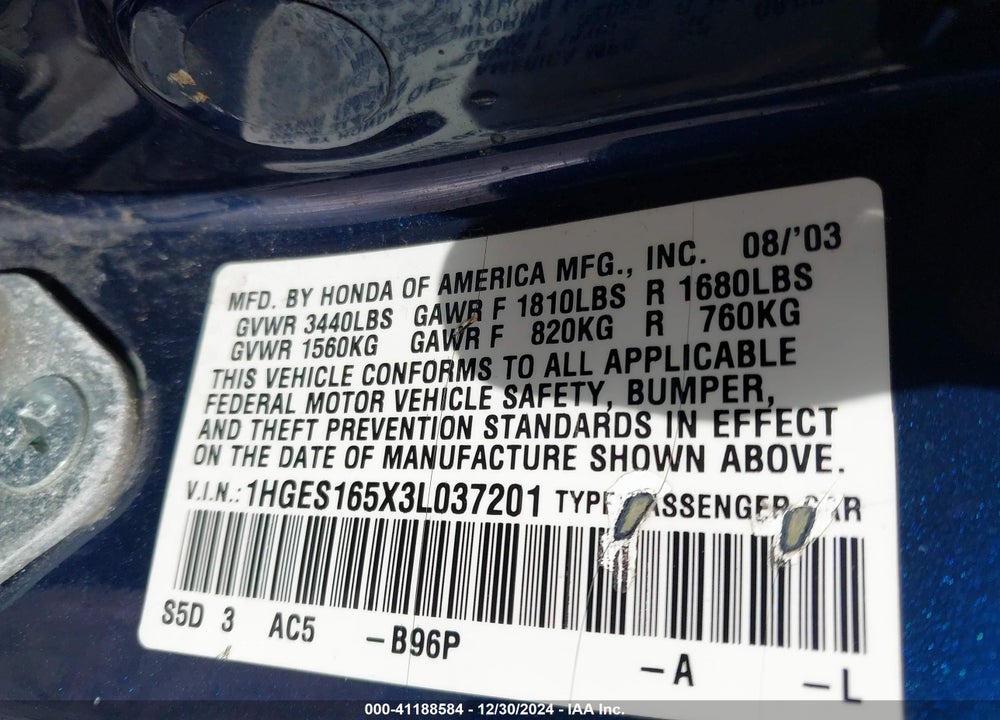2003 HONDA CIVIC LX VIN: 1HGES165X3L037201
