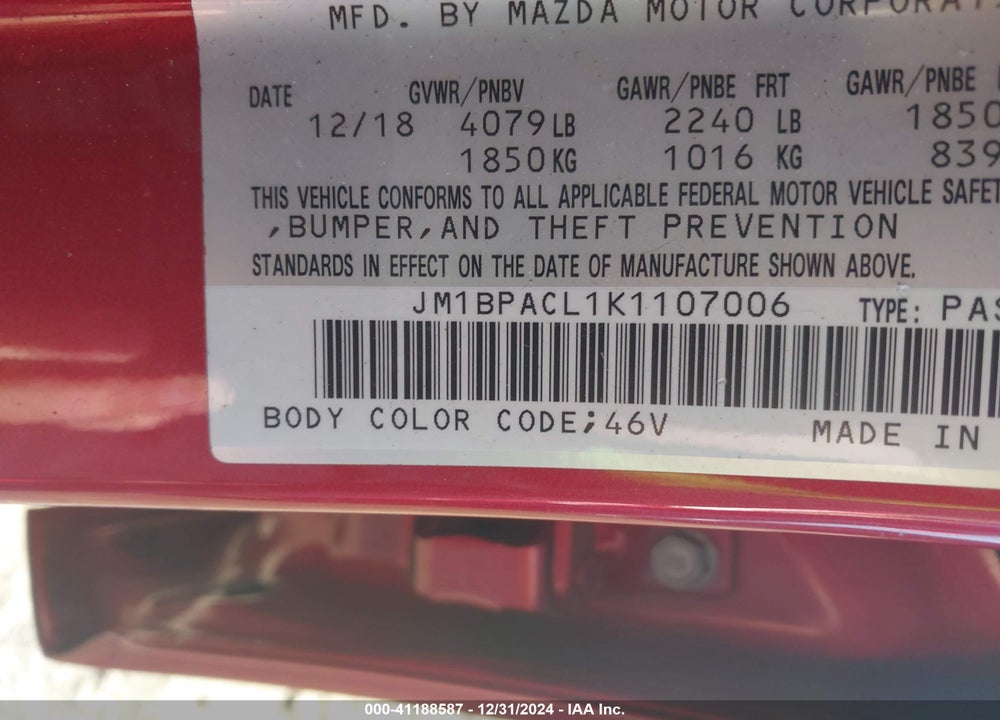 2019 MAZDA MAZDA3 VIN: JM1BPACL1K1107006