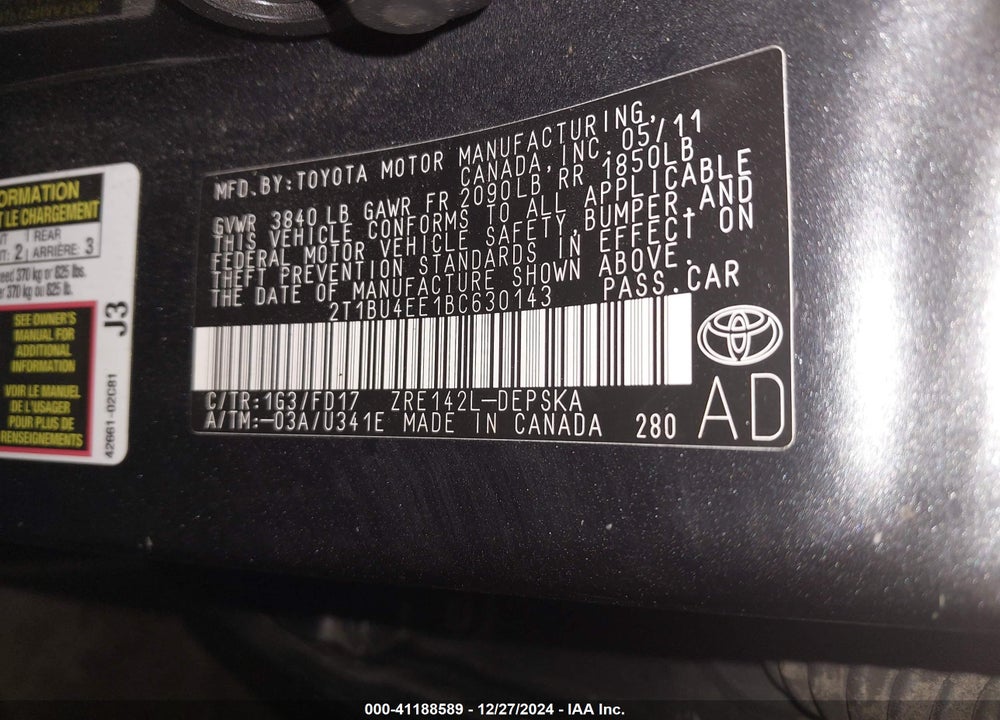 2011 TOYOTA COROLLA VIN: 2T1BU4EE1BC630143