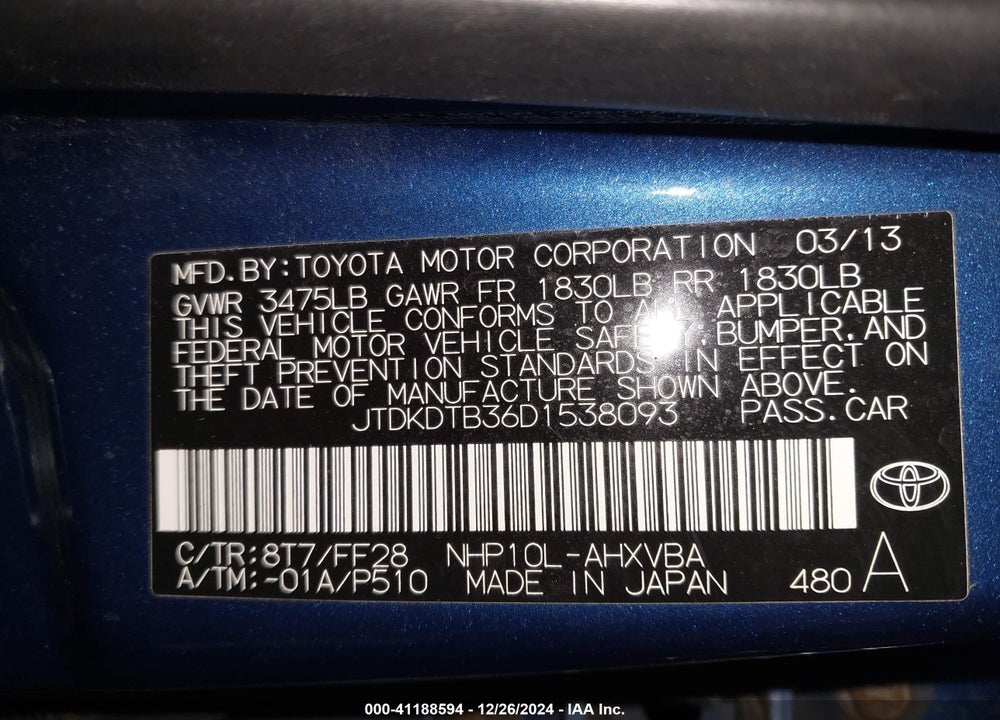 2013 TOYOTA PRIUS C TWO VIN: JTDKDTB36D1538093