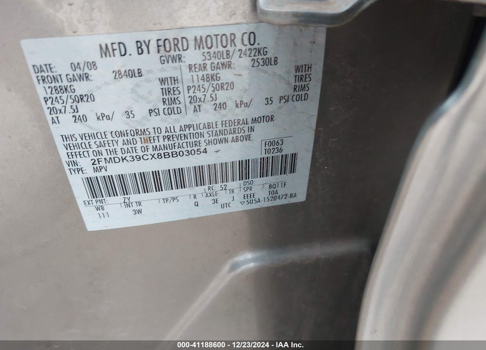 2008 FORD EDGE LIMITED VIN: 2FMDK39CX8BB03054