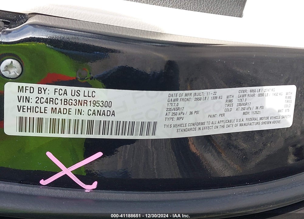 2022 CHRYSLER PACIFICA TOURING L VIN: 2C4RC1BG3NR195300