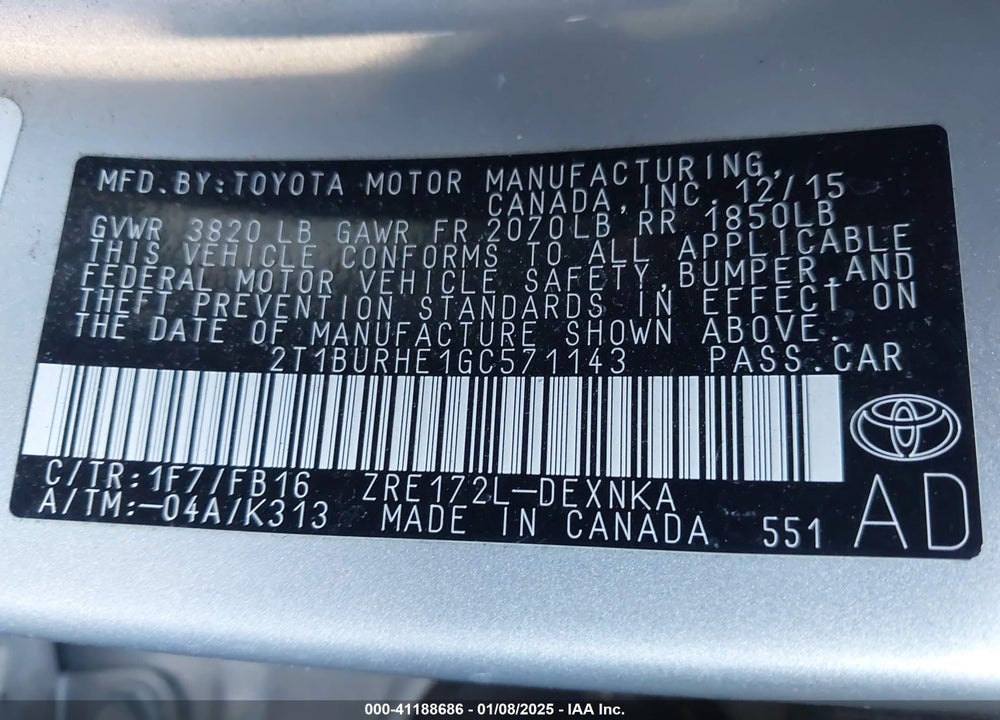 2016 TOYOTA COROLLA VIN: 2T1BURHE1GC571143