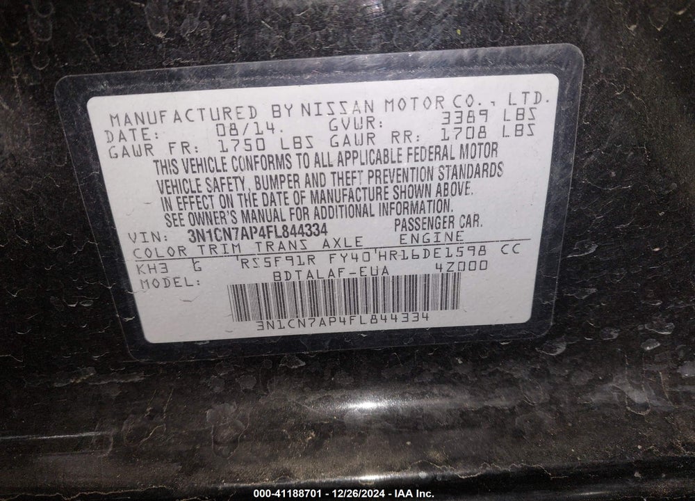 2015 NISSAN VERSA 1.6 S+ VIN: 3N1CN7AP4FL844334