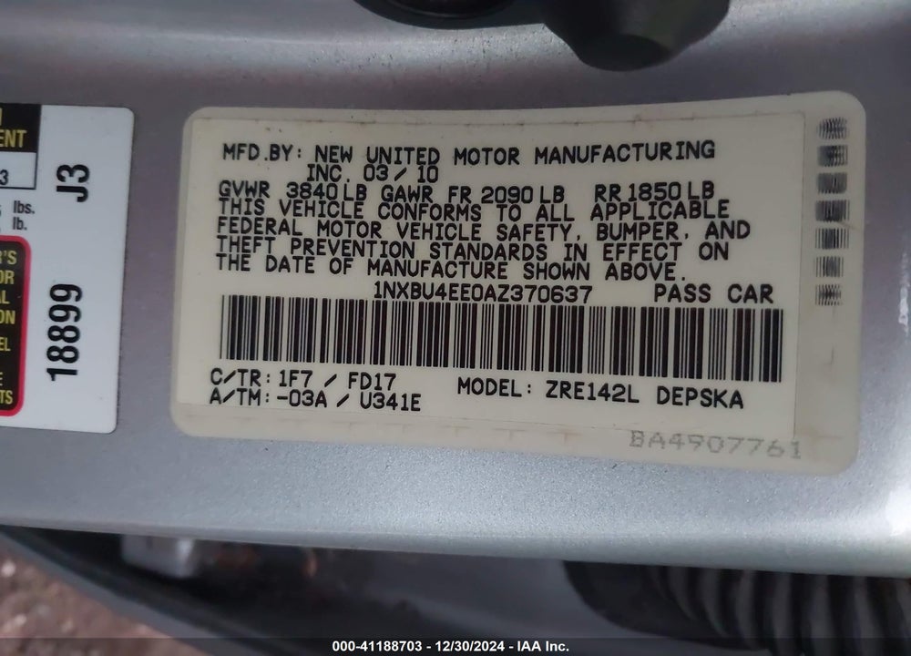 2010 TOYOTA COROLLA S VIN: 1NXBU4EE0AZ370637