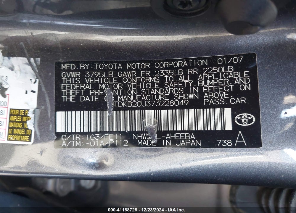 2007 TOYOTA PRIUS VIN: JTDKB20U373228049