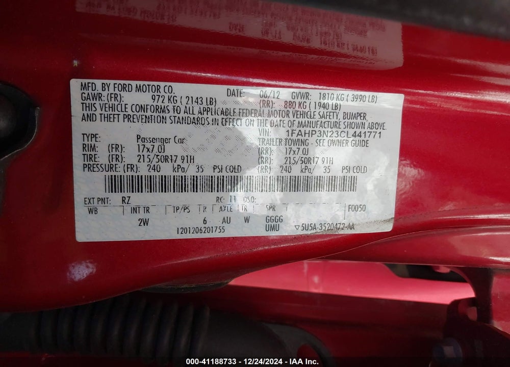 2012 FORD FOCUS VIN: 1FAHP3N23CL441771