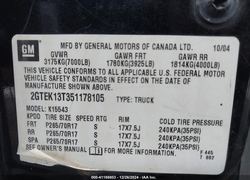 2005 GMC SIERRA 1500 SLT VIN: 2GTEK13T351178105