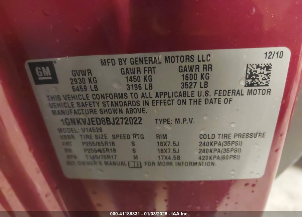 2011 CHEVROLET TRAVERSE 2LT VIN: 1GNKVJED8BJ272022
