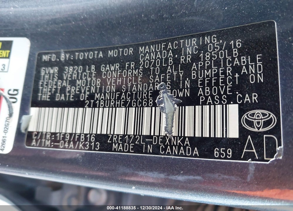 2016 TOYOTA COROLLA VIN: 2T1BURHE7GC681324