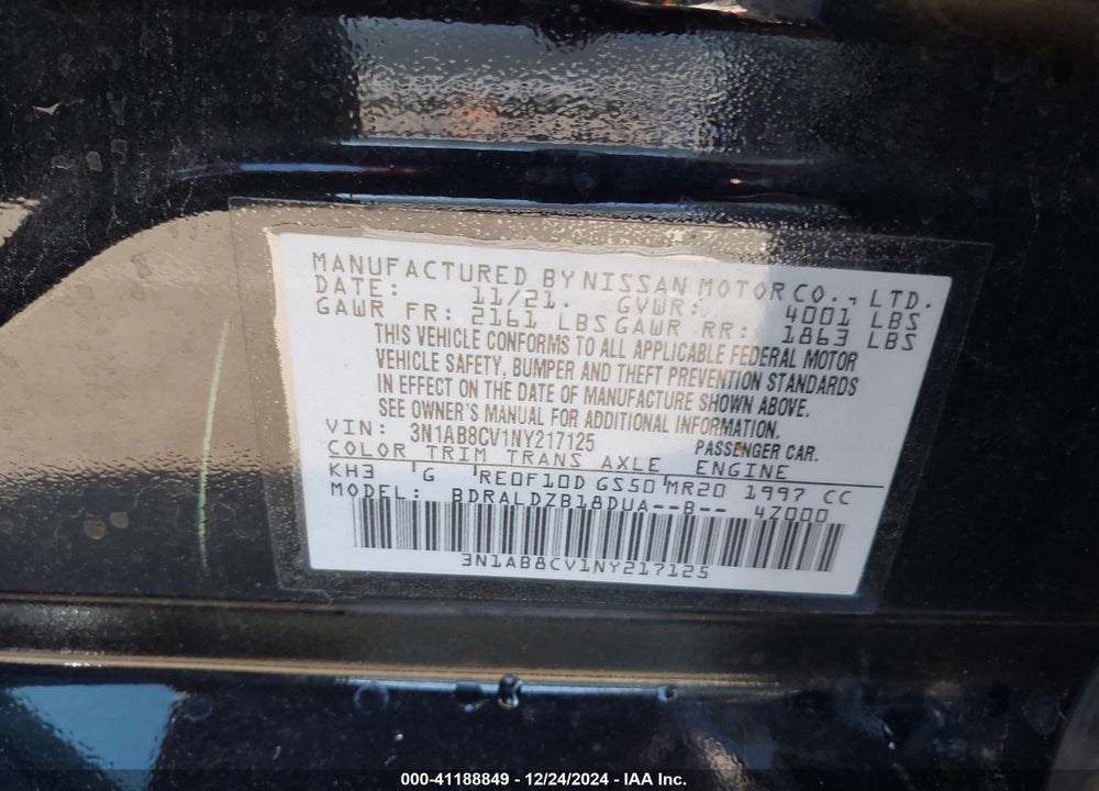 2022 NISSAN SENTRA VIN: 3N1AB8CV1NY217125