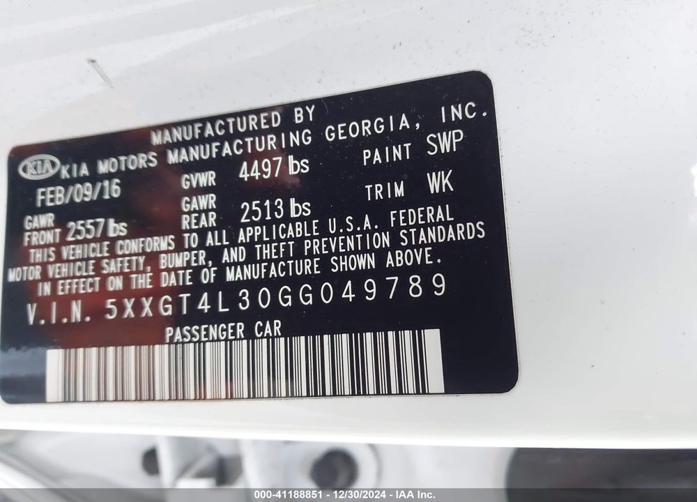 2016 KIA OPTIMA LX VIN: 5XXGT4L30GG049789