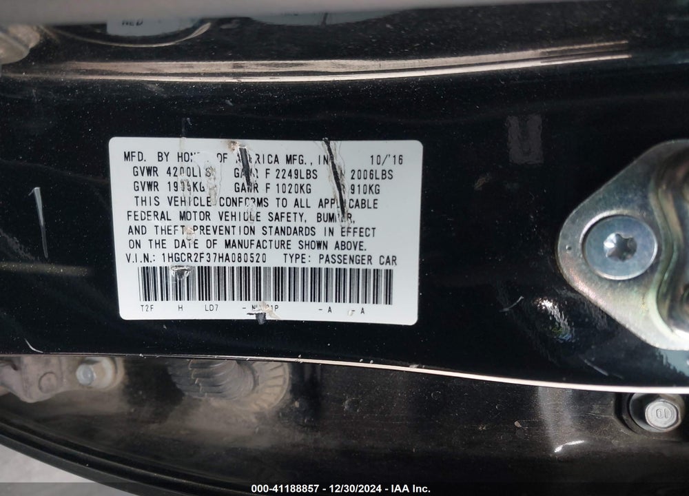 2017 HONDA ACCORD LX VIN: 1HGCR2F37HA080520