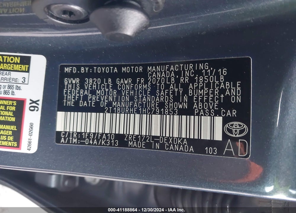 2017 TOYOTA COROLLA L VIN: 2T1BURHE1HC791853