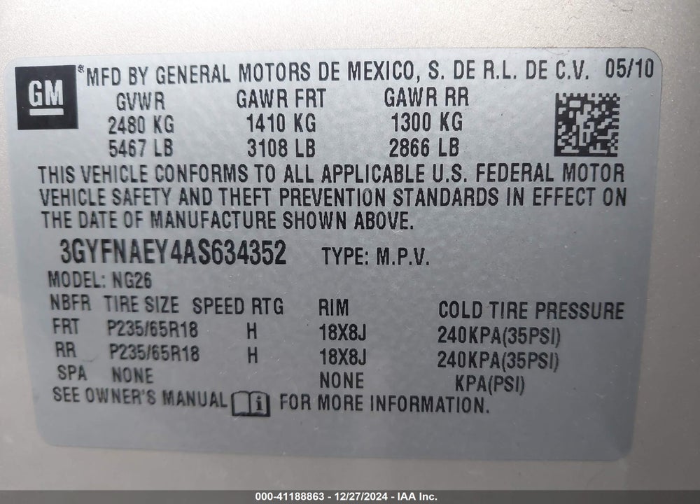 2010 CADILLAC SRX LUXURY COLLECTION VIN: 3GYFNAEY4AS634352