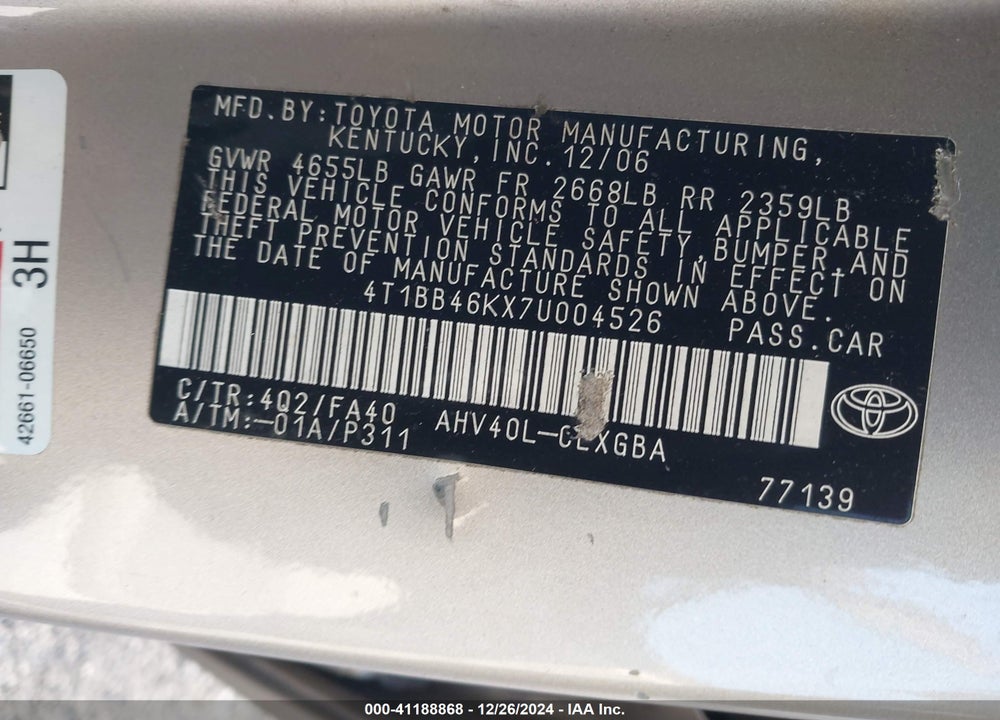 2007 TOYOTA CAMRY HYBRID VIN: 4T1BB46KX7U004526