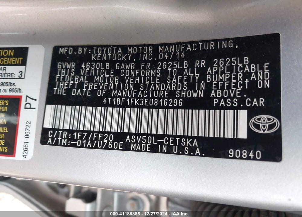 2014 TOYOTA CAMRY VIN: 4T1BF1FK3EU816296
