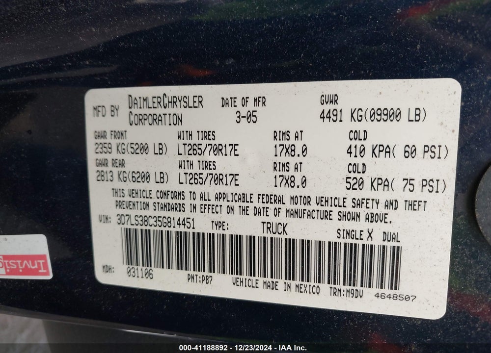 2005 DODGE RAM 3500 SLT/LARAMIE VIN: 3D7LS38C35G814451