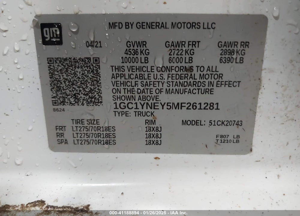2021 CHEVROLET SILVERADO 2500HD 4WD STANDARD BED LT VIN: 1GC1YNEY5MF261281
