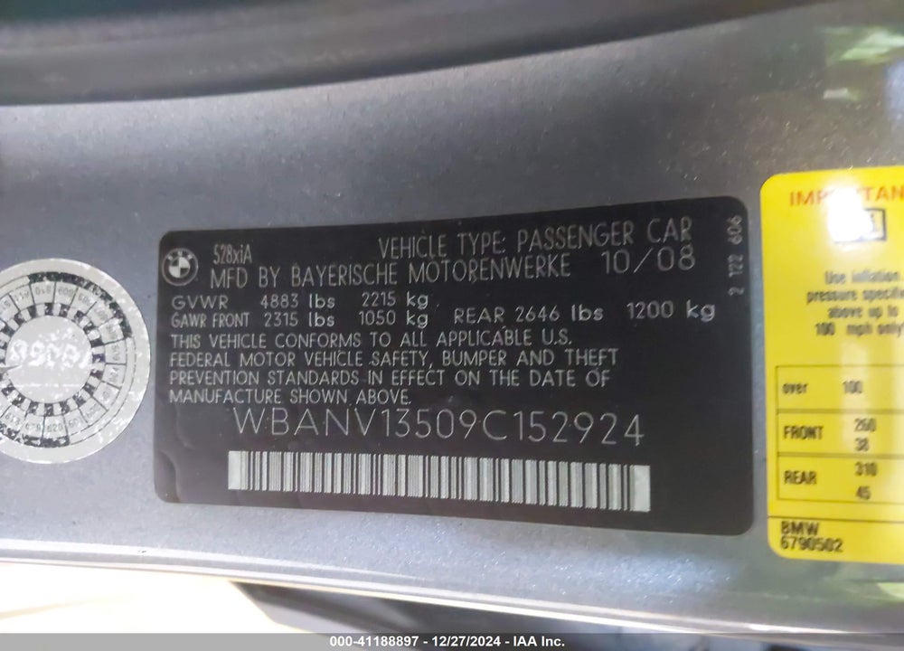 2009 BMW 528I XDRIVE VIN: WBANV13509C152924