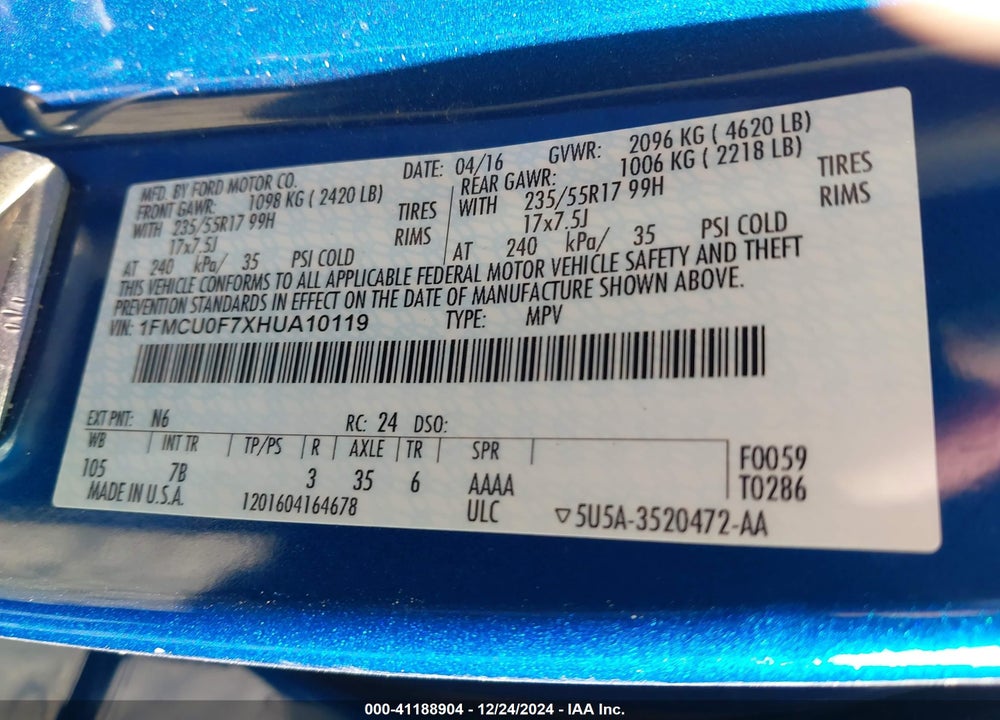 2017 FORD ESCAPE VIN: 1FMCU0F7XHUA10119