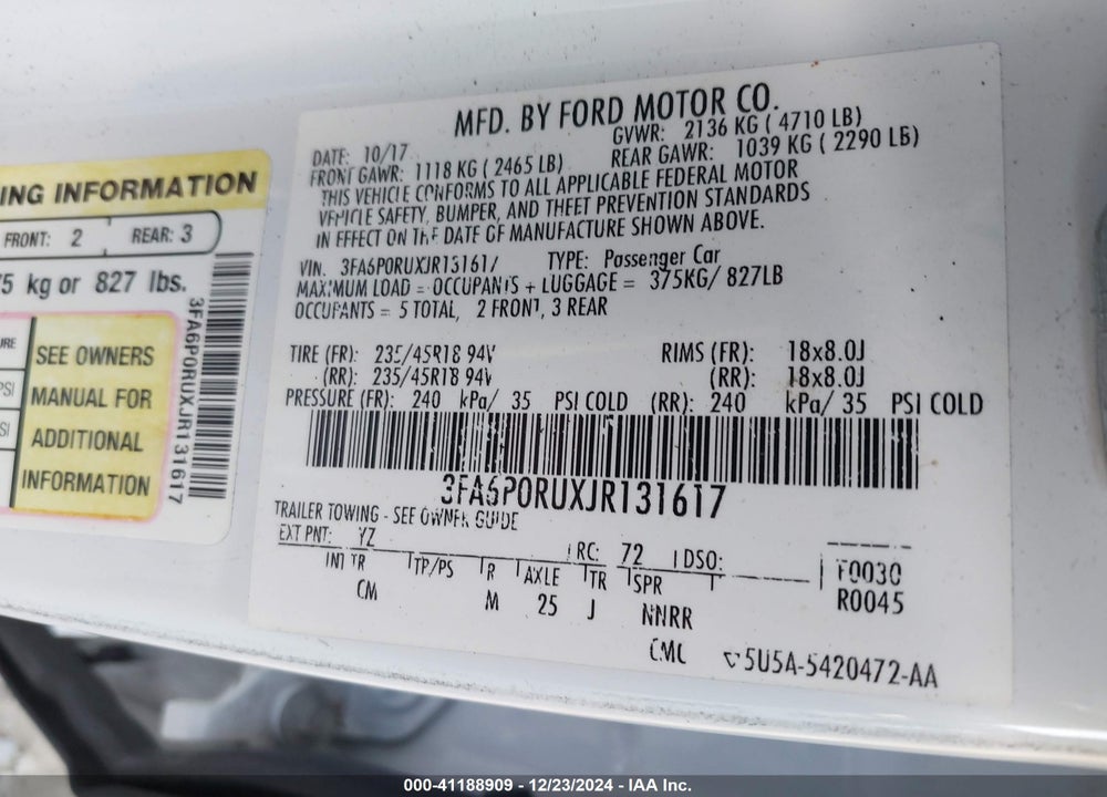 2018 FORD FUSION HYBRID TITANIUM VIN: 3FA6P0RUXJR131617