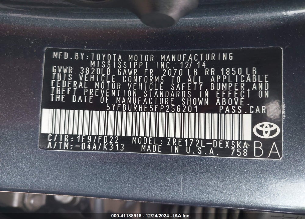 2015 TOYOTA COROLLA VIN: 5YFBURHE5FP256201