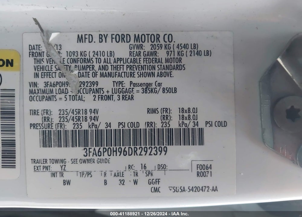 2013 FORD FUSION VIN: 3FA6P0H96DR292399