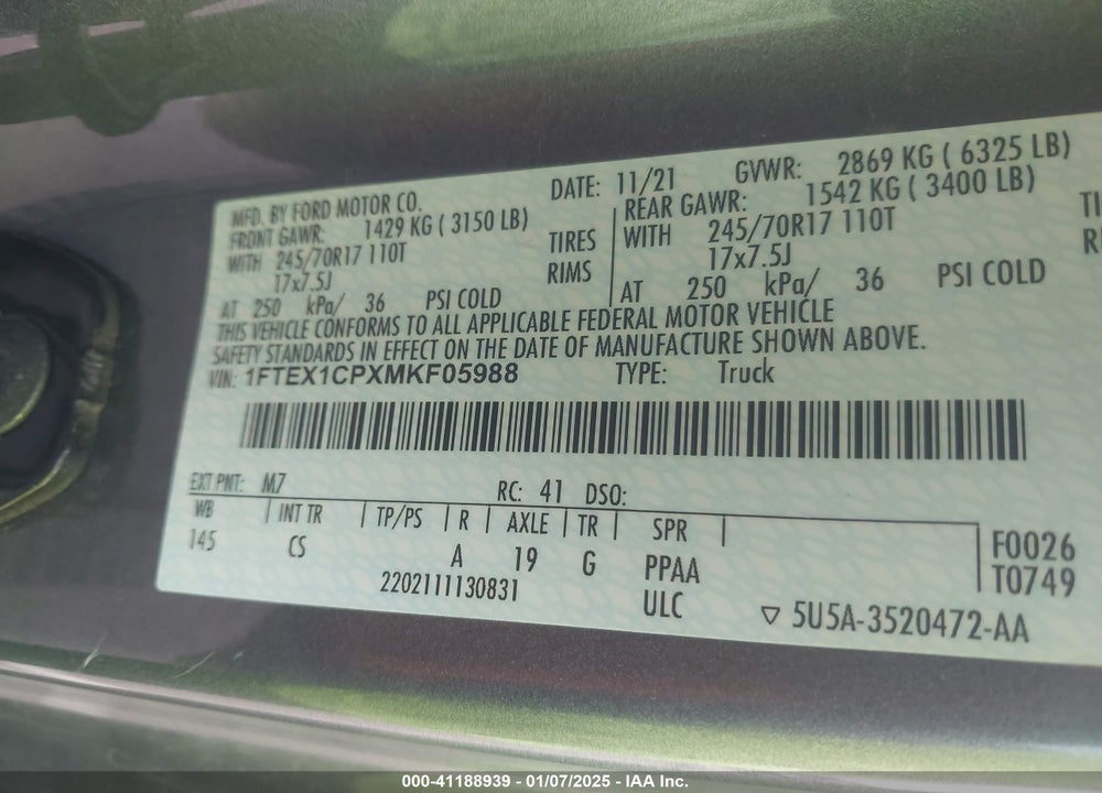 2021 FORD F-150 VIN: 1FTEX1CPXMKF05988