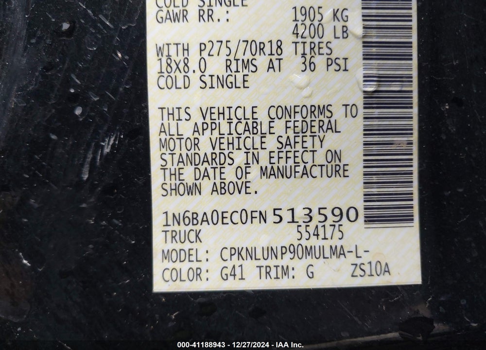 2015 NISSAN TITAN VIN: 1N6BA0EC0FN513590