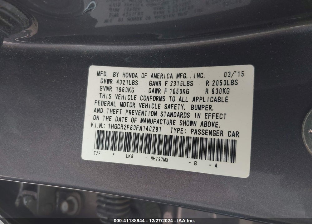 2015 HONDA ACCORD EX-L VIN: 1HGCR2F80FA140291