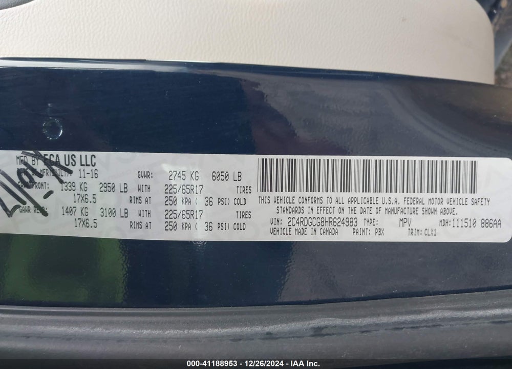 2017 DODGE GRAND CARAVAN SXT VIN: 2C4RDGCG8HR624983