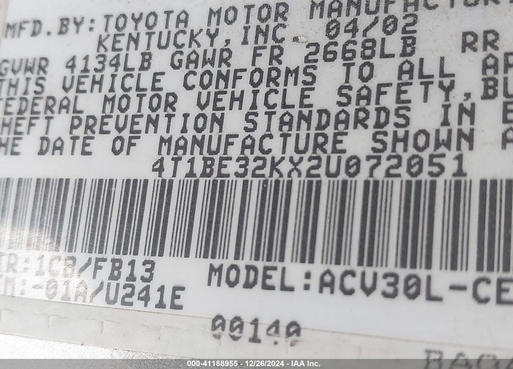 2002 TOYOTA CAMRY VIN: 4T1BE32KX2U072051