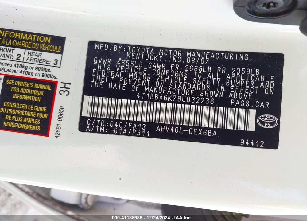 2008 TOYOTA CAMRY HYBRID VIN: 4T1BB46K78U032236