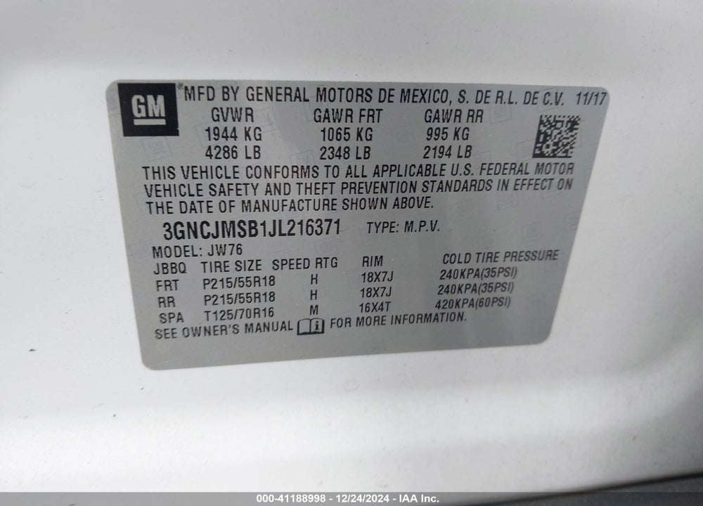 2018 CHEVROLET TRAX PREMIER VIN: 3GNCJMSB1JL216371
