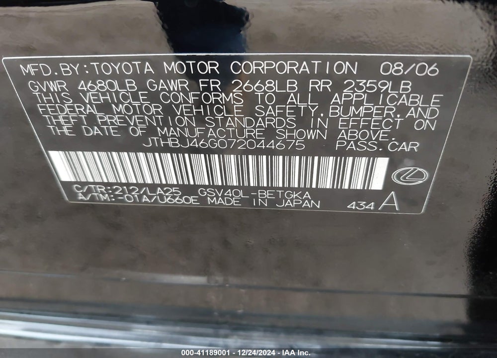 2007 LEXUS ES 350 VIN: JTHBJ46G072044675