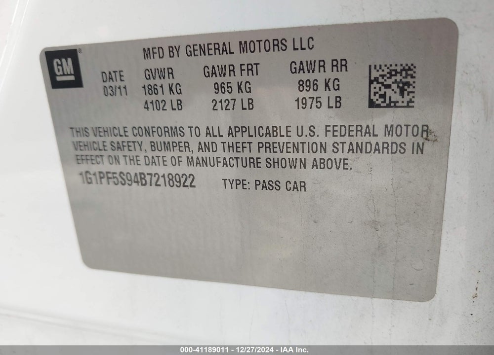 2011 CHEVROLET CRUZE 1LT VIN: 1G1PF5S94B7218922