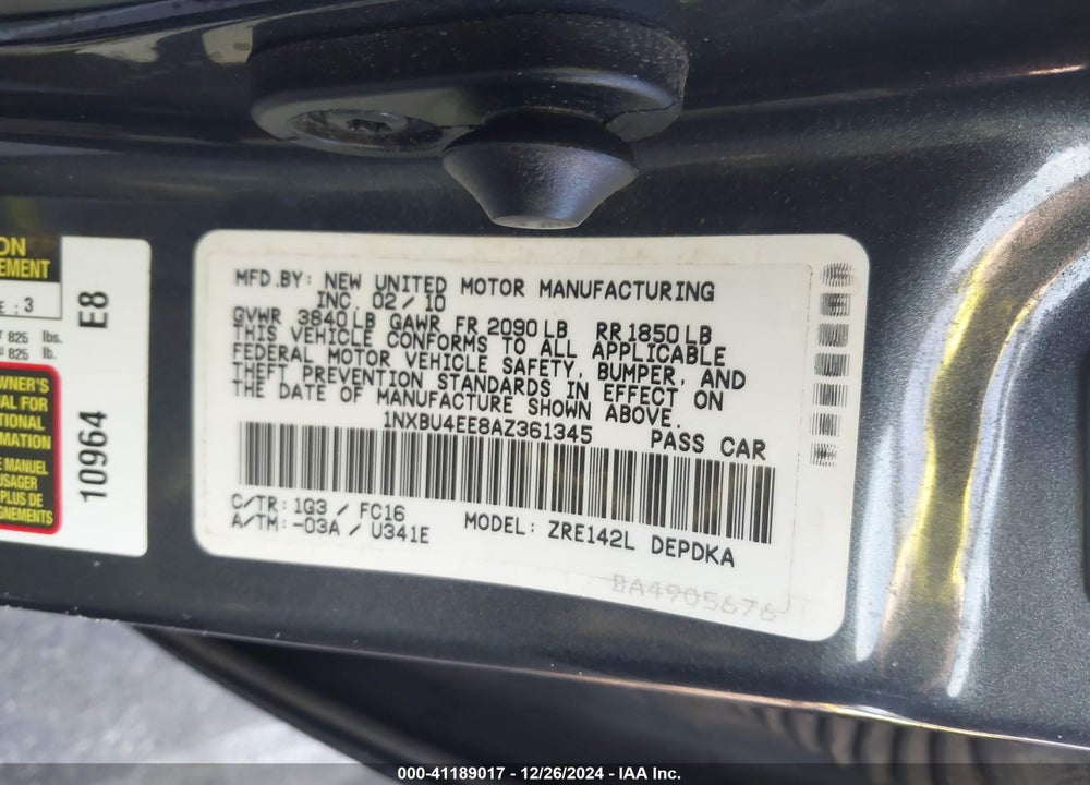 2010 TOYOTA COROLLA LE VIN: 1NXBU4EE8AZ361345